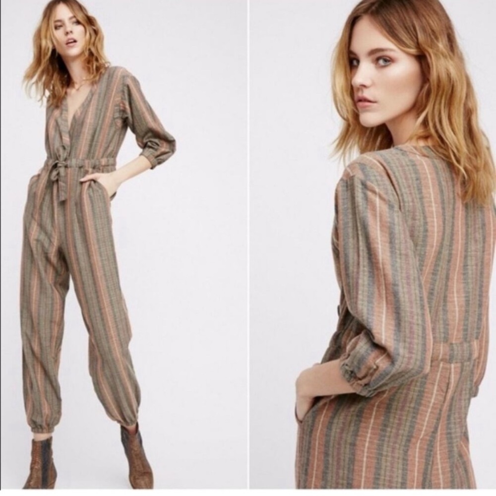 Free People Loveland Metallic Striped Wool Blend Brown Olive Boho Jumpsuit S